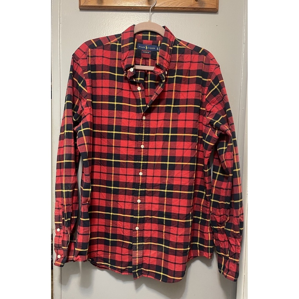 Ralph Lauren Men XL Plaid Button Down Shirt Red Black Yellow Cotton Long Sleeve - Picture 1 of 4